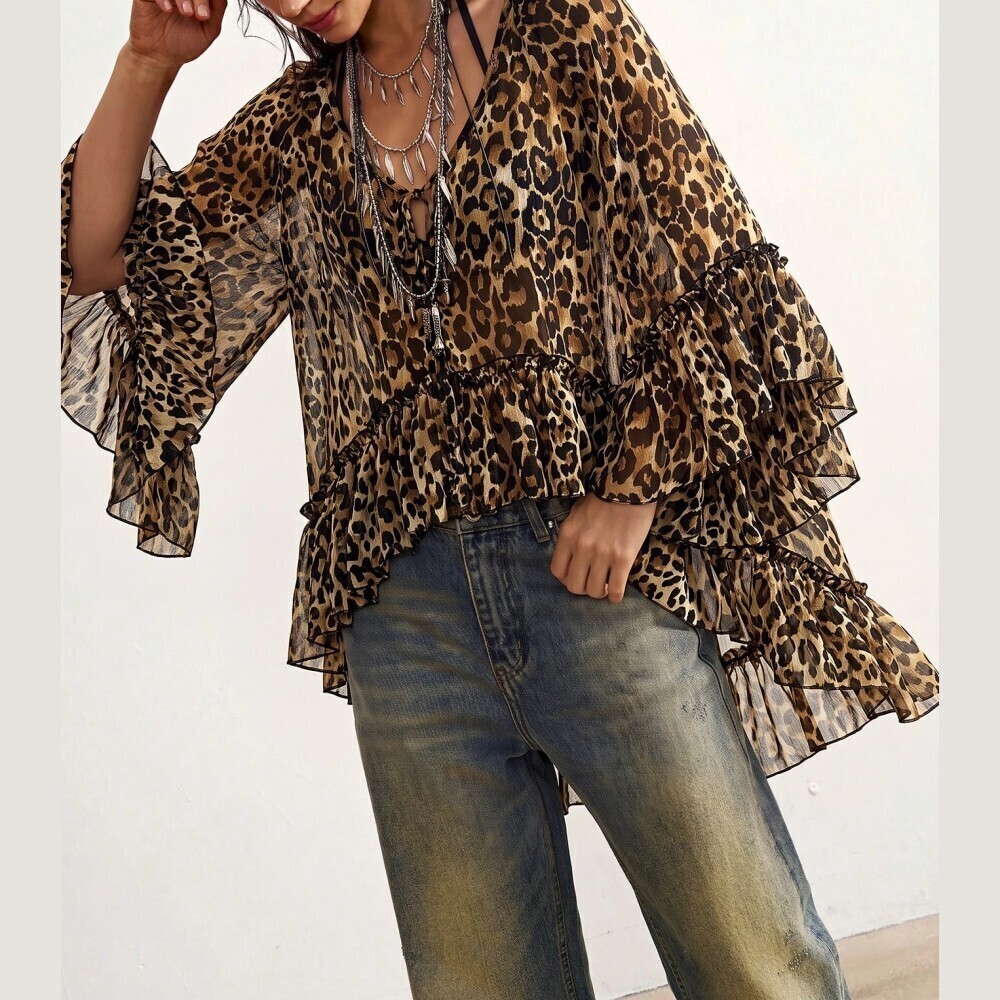 Brown Leopard Print Sheer Chiffon Ruffle Tiered Bell Sleeve V Neck Blouse